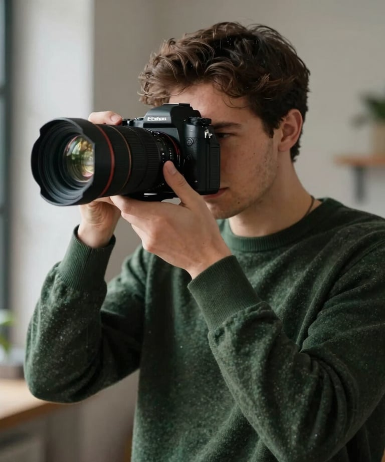Portrait of a food photographer adjusting a camera lens, dark forest green sweater, natural light studio.