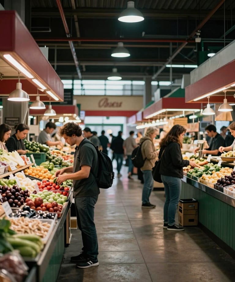 A bustling modern indoor food market, North American / European style, soft lighting with deep red and green accents.