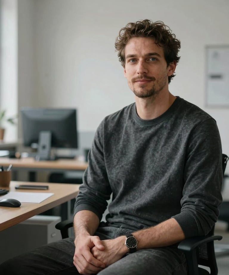 Portrait of a creative strategist in a scandinavian-style office, natural light, dark slate gray outfit, North American / European.