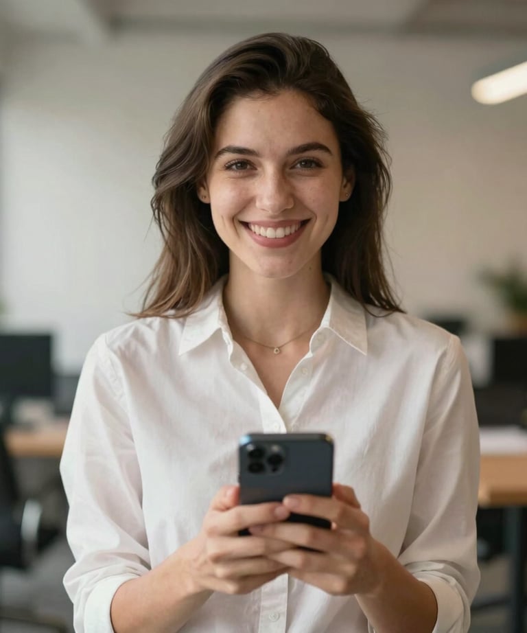 Portrait of a social media manager holding a smartphone, warm inviting smile, cozy office background, North American / European.