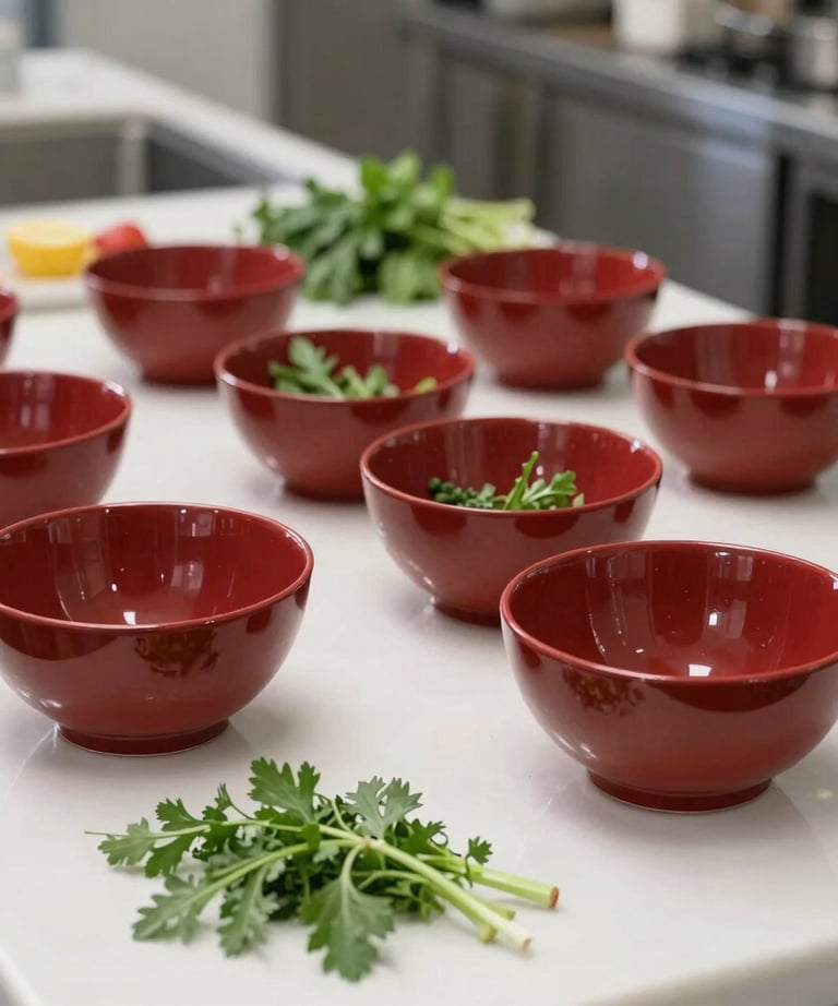 A vibrant shot of a modern culinary workspace, deep crimson mixing bowls and fresh herbs on a pristine counter.