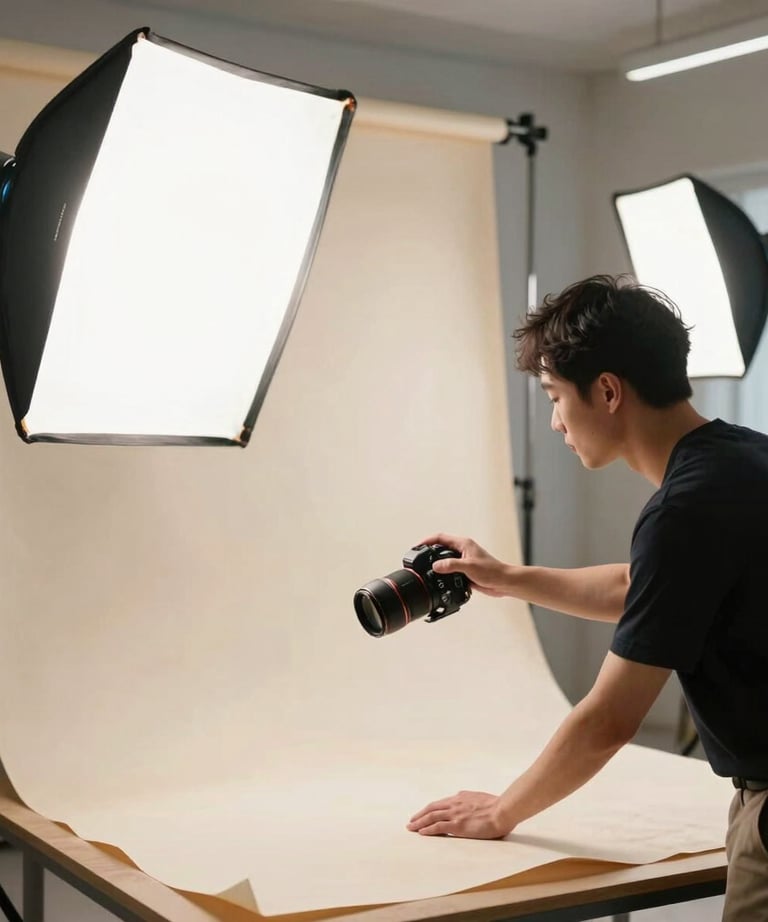 An agency creative adjusting lighting for a food shoot, modern studio setting, crisp parchment tones.