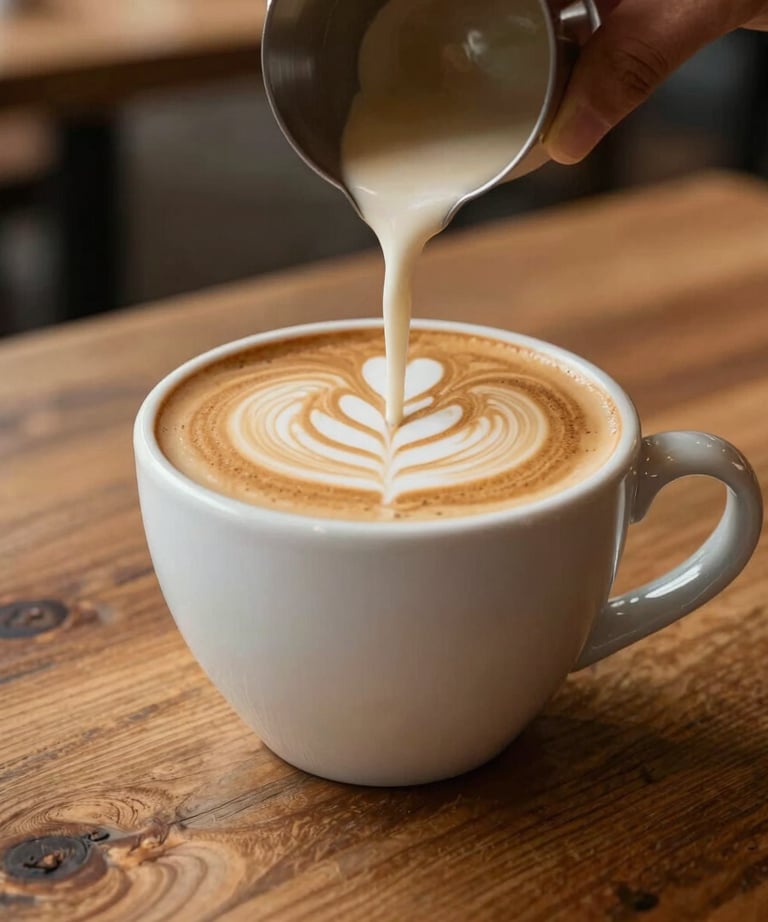 A close-up of a perfectly poured latte on a rustic wooden table, cozy cafe atmosphere, warm tones.