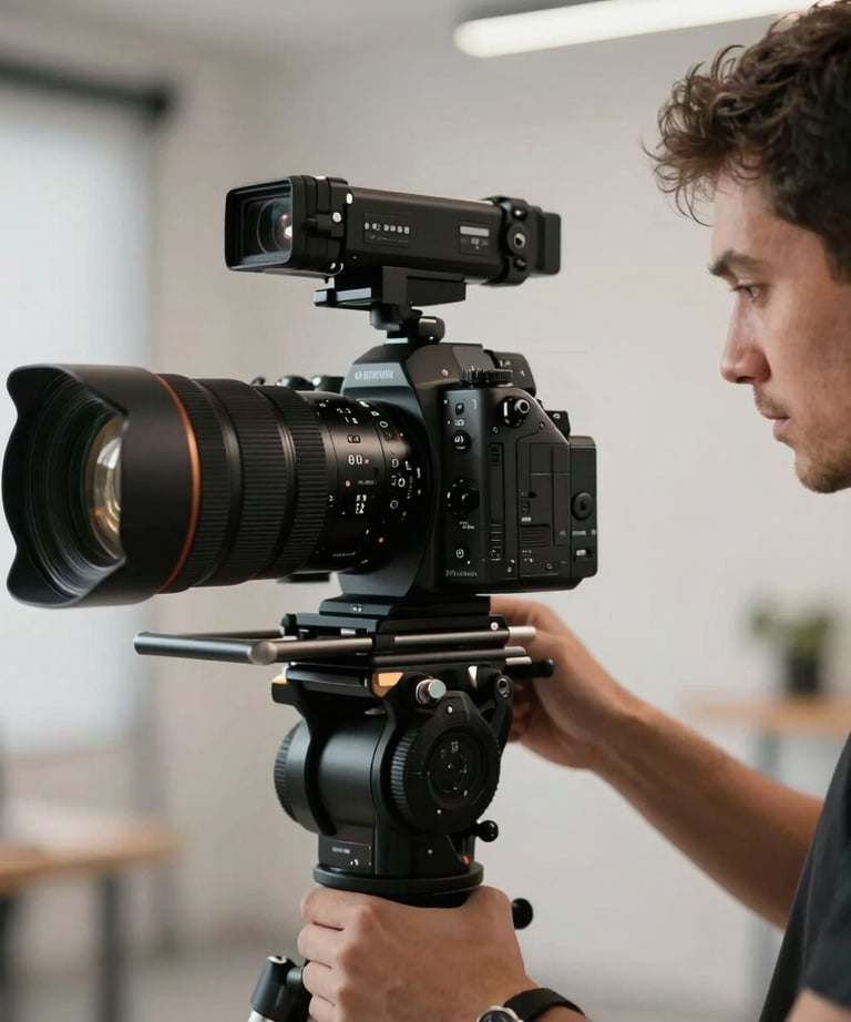 A professional camera setup in a modern studio capturing a creative director at work, international professional style.