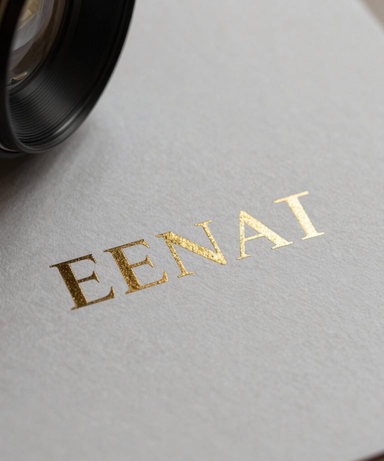 Photography of luxury printed business materials with a sharp focus on metallic foil logos and textured paper.