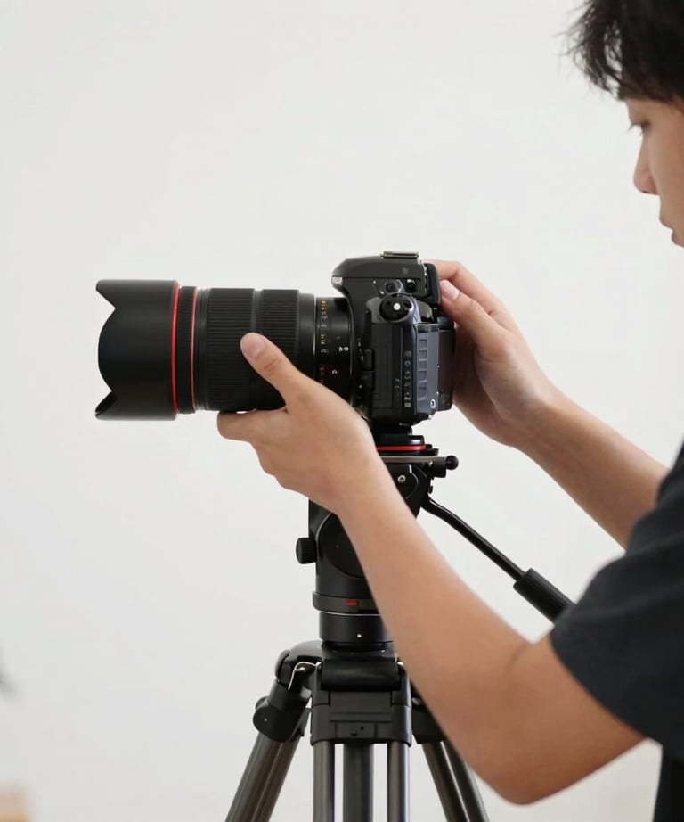Candid photography of a media specialist adjusting a professional camera lens on a tripod in a bright white photo studio.