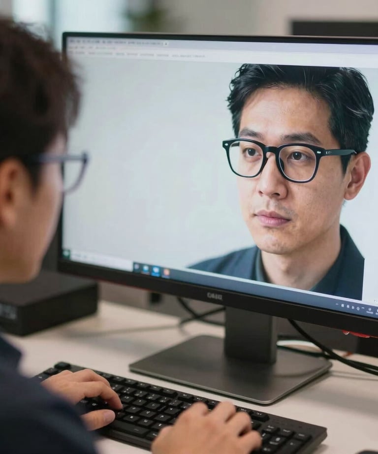 A close-up of a creative lead with glasses working intensely at a dual-monitor setup in a high-tech office environment.