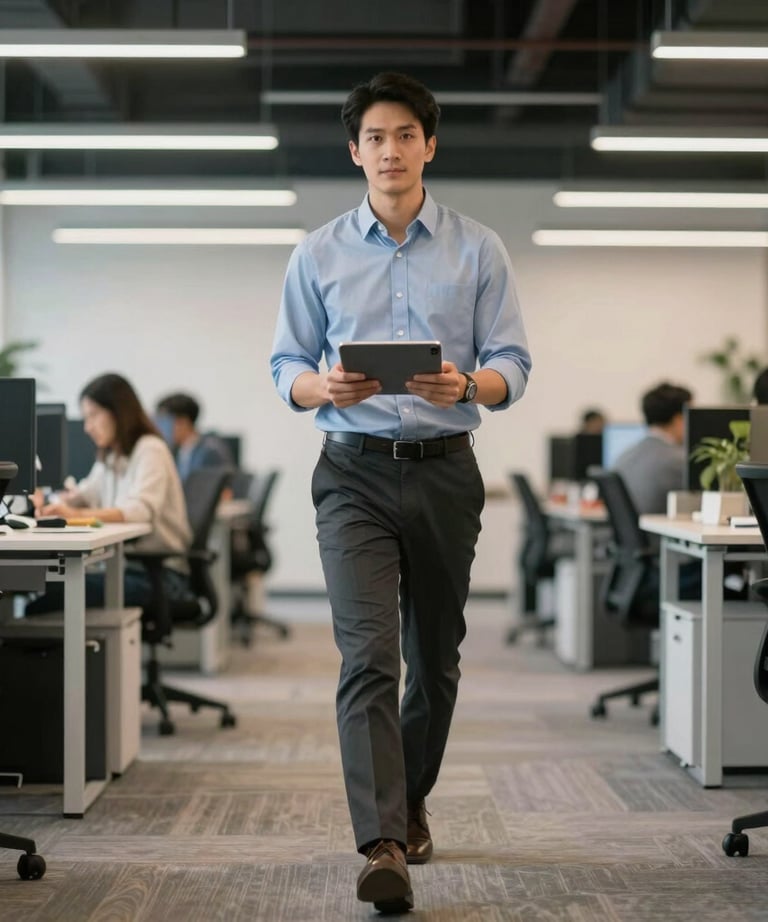 A project manager with a digital tablet walking through a modern open-plan office in North America, blurred background.