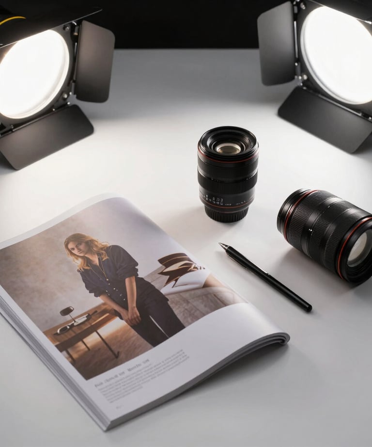 High-angle shot of a photography session featuring high-end print media products on a white backdrop under bright studio lights.