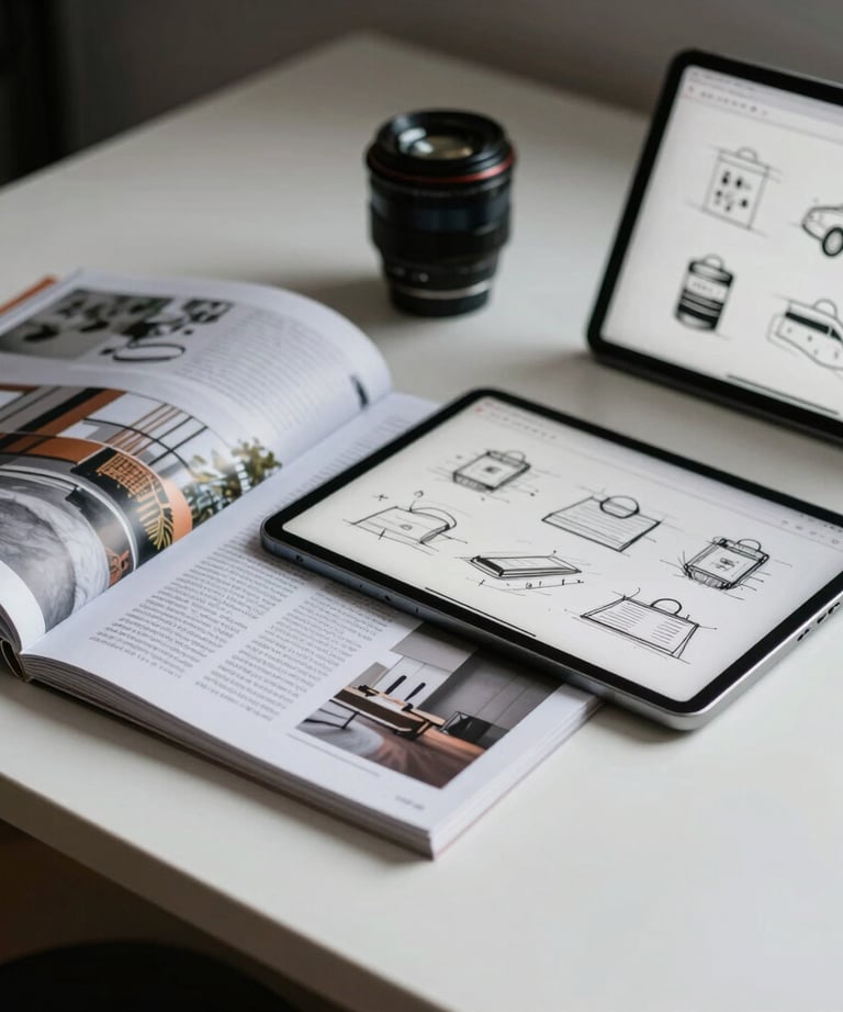 A crisp photograph of a minimalist desk with architectural magazines and a high-tech tablet showing branding sketches.
