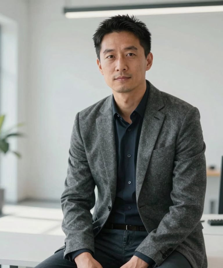 Professional portrait of a design director in a modern grey blazer, sitting in a bright, minimalist international studio space.
