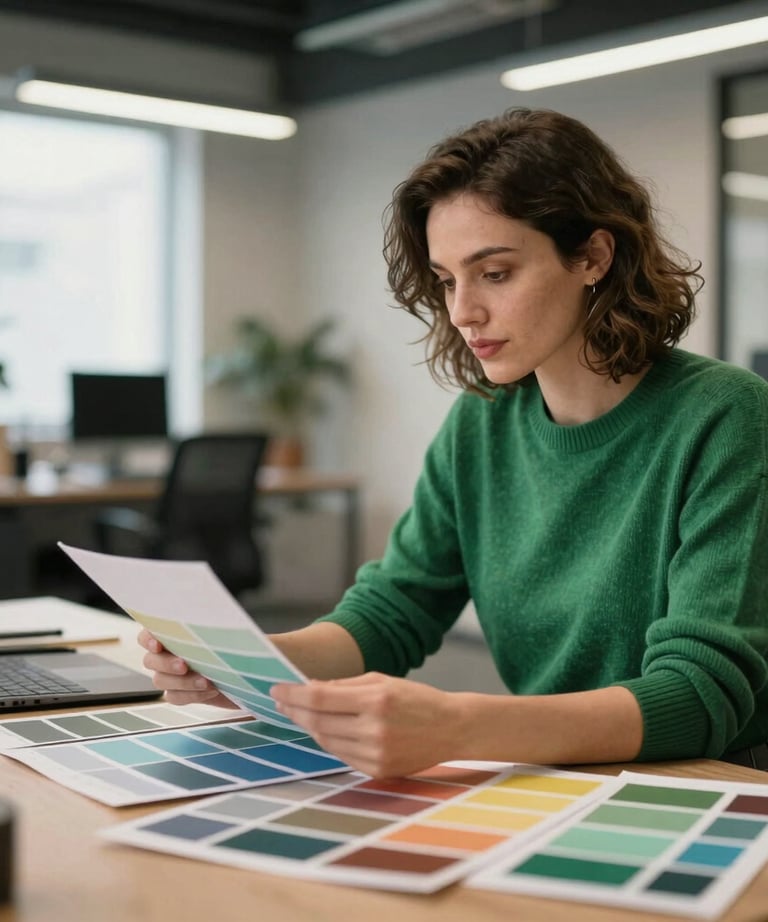 Professional photo of a female brand strategist in a green sweater reviewing high-contrast color palettes in an airy office.