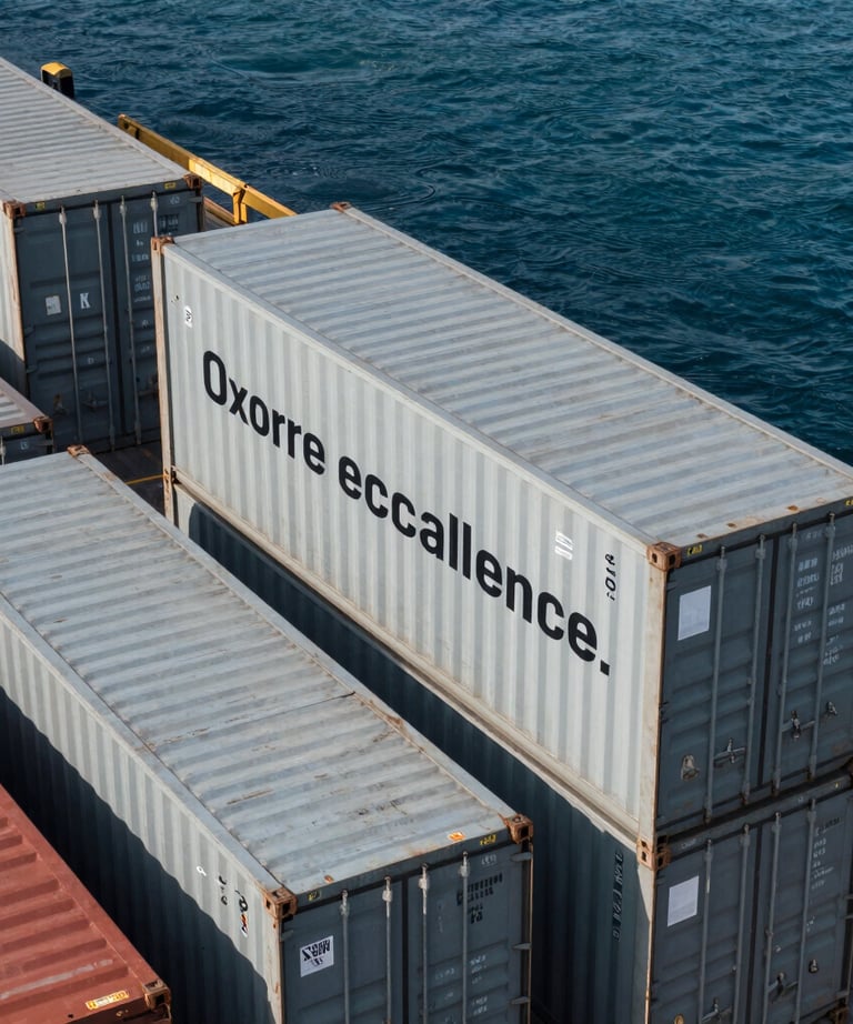 A professional high-angle shot of shipping containers at a modern port, with deep blue water and grey metallic textures. The image represents global logistics and supply chain excellence.