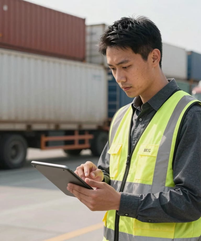 A high-resolution photograph of an logistics expert checking documentation on a tablet in front of a high-end freight terminal.