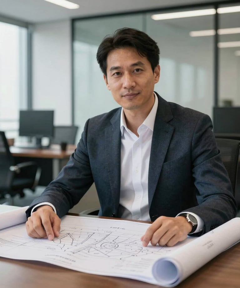 Portrait of a professional project manager in a high-end corporate office. They have a blueprint open on the desk beside them. Global Professional / International.
