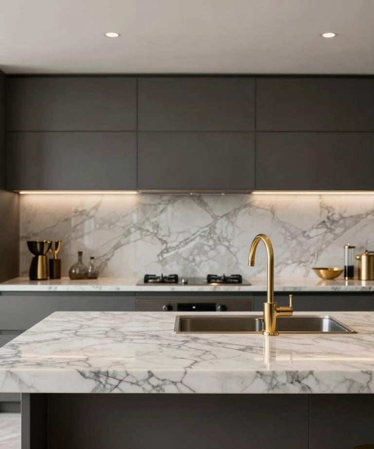 A high-end interior photography shot of a luxury villa kitchen featuring premium marble countertops and modern gold fixtures. Global Professional / International.