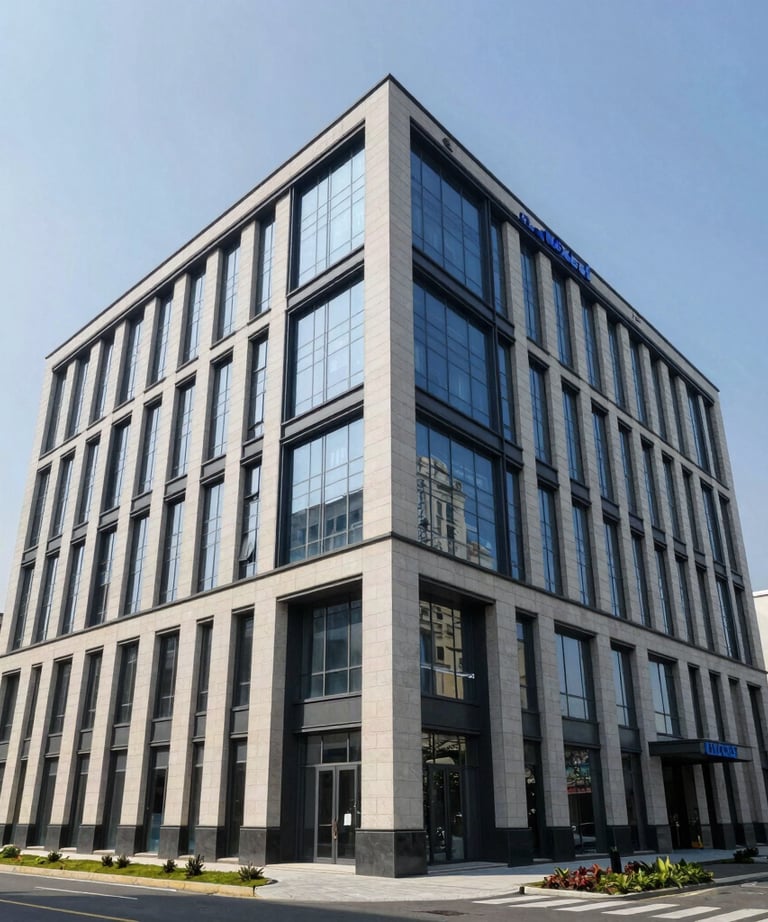 A professional wide-angle photo of a newly finished commercial building with a stunning glass and stone facade, designed by BlueCrest. Global Professional / International.