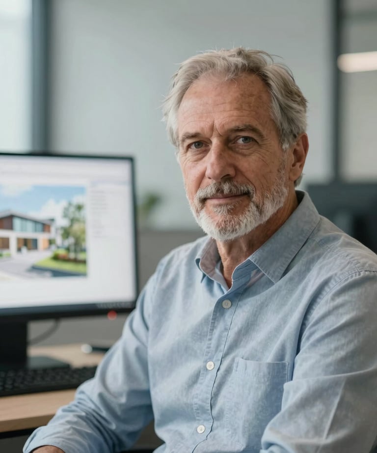 Portrait of a professional senior architect in a modern office. In the background, there is a blurred architectural visualization on a monitor. The lighting is soft and professional.