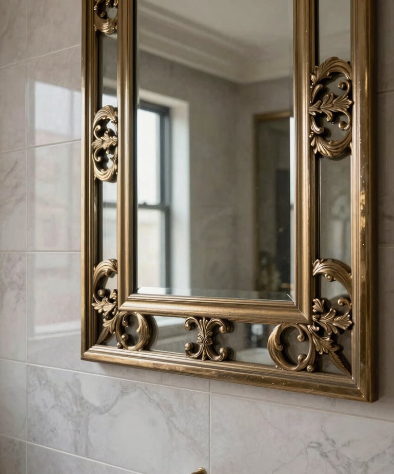 A professional photograph of a luxury interior design project showing a decorative mirror wall and high-end tiles. Global Professional / International.