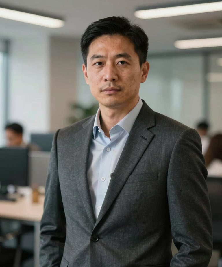 Portrait of a professional logistics manager in an office setting. They are wearing a sharp suit and looking confidently toward the camera. Global Professional / International.