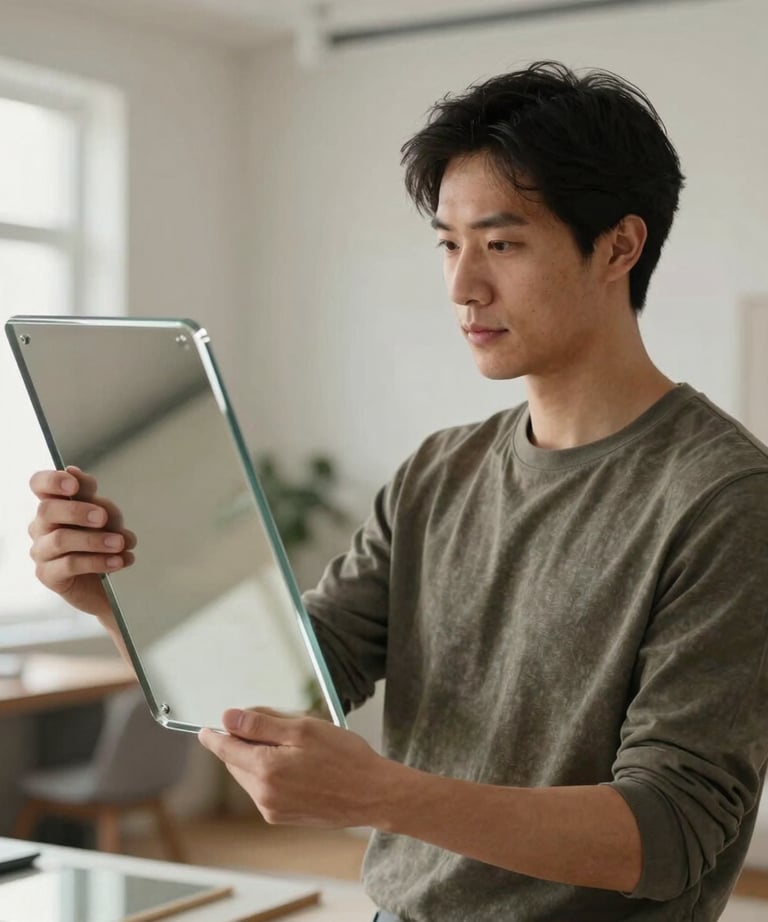 Portrait of a professional interior designer holding a high-quality mirror sample in a bright studio. Global Professional / International.