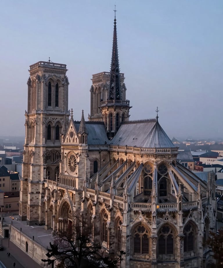 Drone hovering over a historic French cathedral at dawn. The architecture is illuminated by soft light, contrasting with the misty blue-grey sky.