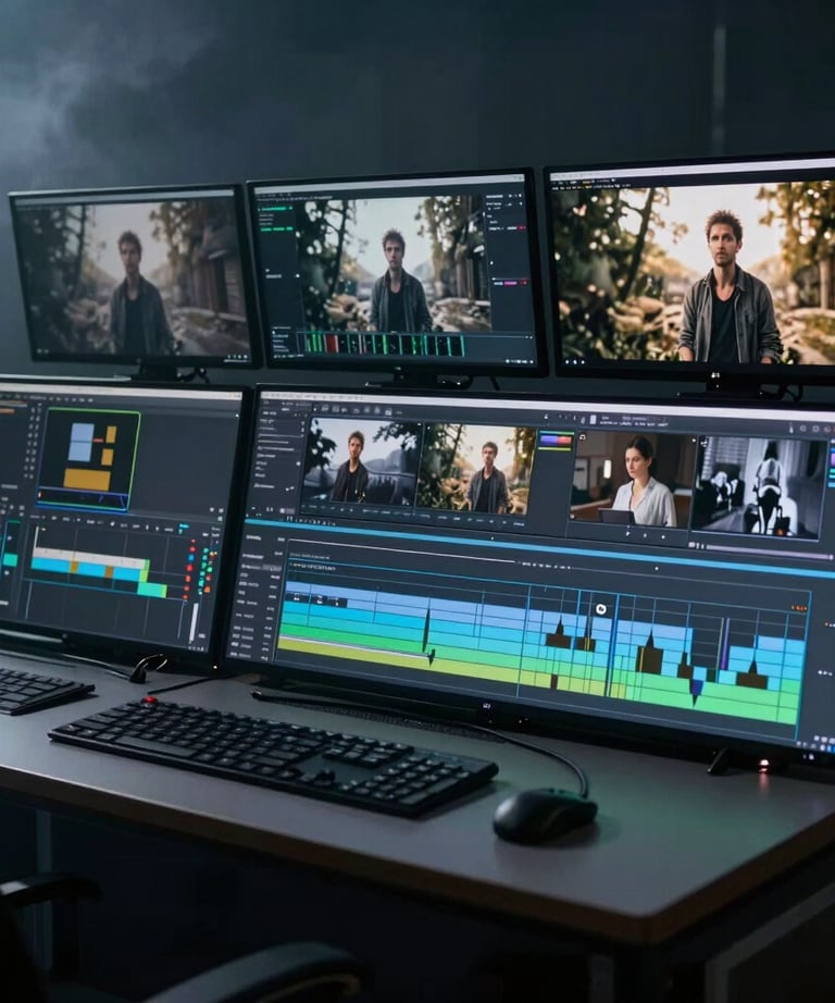 Professional video editing suite in Western Europe with multiple screens showing cinematic timeline edits. The lighting is dim and focused, featuring misty blue-grey accents.
