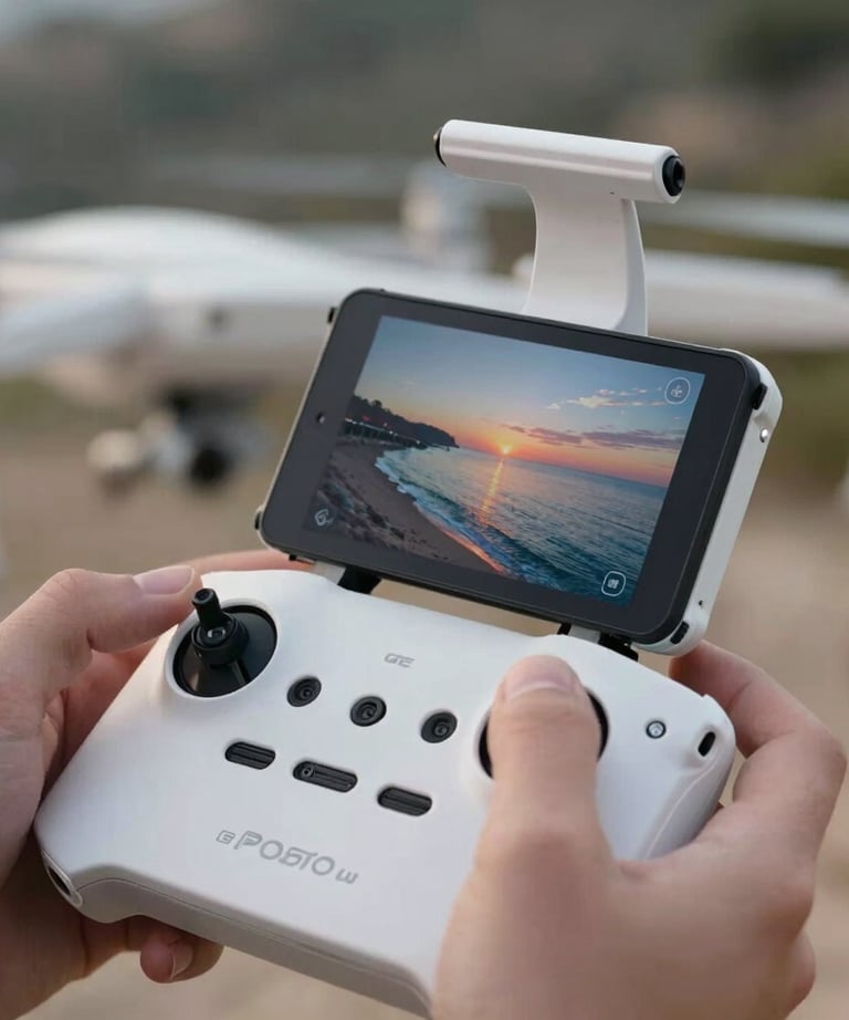 A close-up of a drone pilot's hands operating a professional remote control with a screen showing a coastal sunset in France. Precision and focus are evident. Soft pearl white highlights on the hardware.
