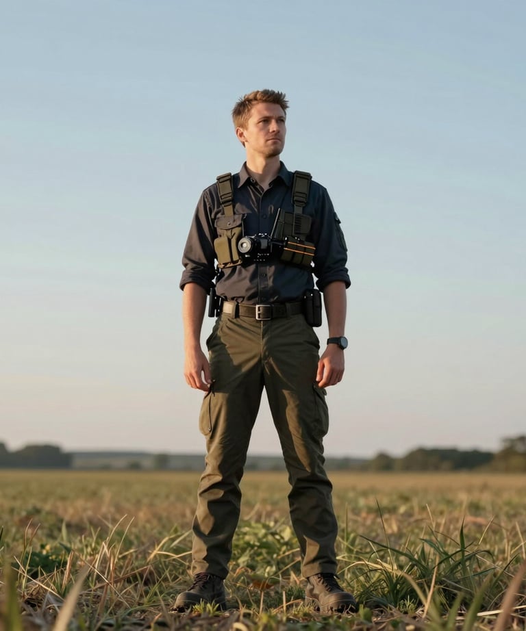 A drone pilot (Western European) in professional attire standing in a field, looking at the horizon. Clean, minimal composition.