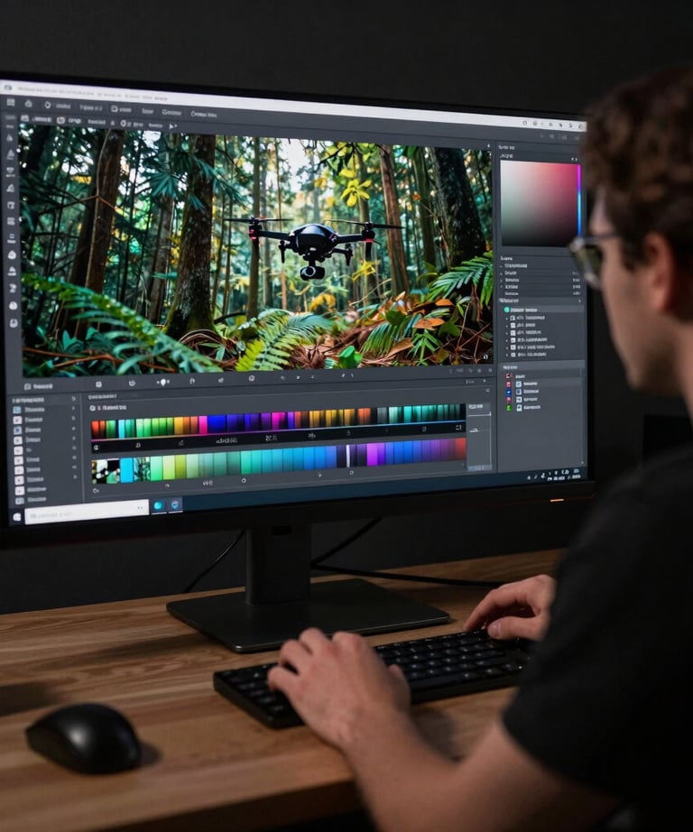 A digital artist working on a large high-resolution monitor in a studio, color grading drone footage of a forest. Dark professional atmosphere.
