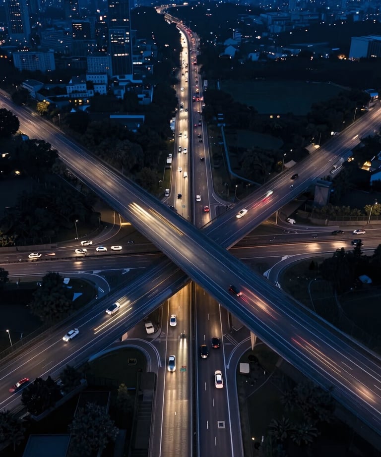 Symmetrical drone shot of a modern French highway intersection at night, showing streaks of light from cars. Deep steel blue and dark blue palette.