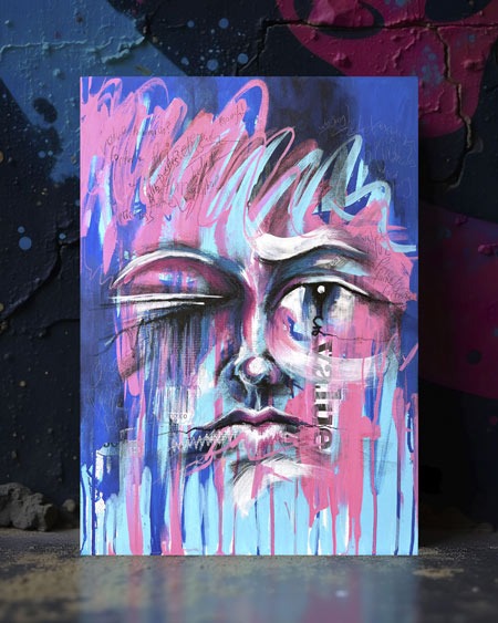 A blue abstract painting called Face Value that I sold for 10K Monopoly Money