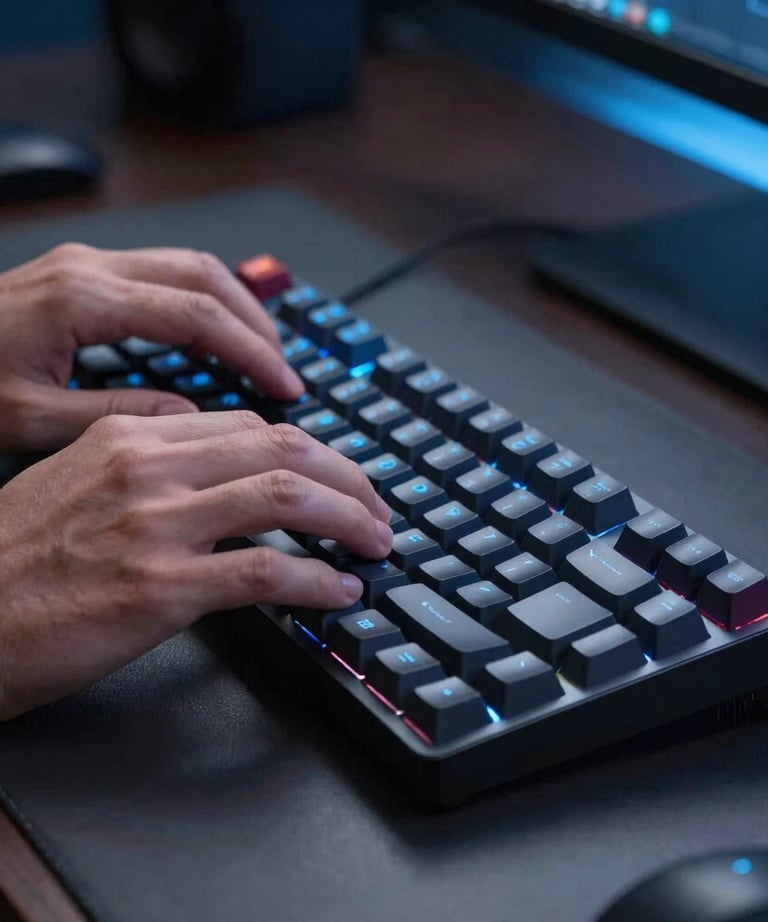 Close-up of hands typing on a high-end mechanical keyboard. The room is dimly lit with cool blue LED accents. Modern tech professional environment.