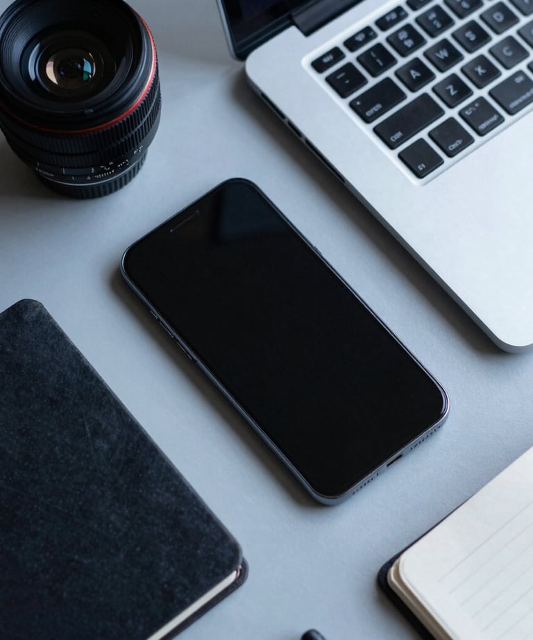 Clean, flat-lay photography of a smartphone, a sleek laptop, and a notepad on a light gray desk. Muted blue tones and sharp focus.