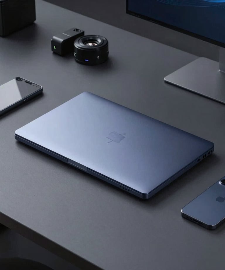 An organized desk with professional Android development tools. Dark gray surface, steel blue accents, minimalist and precise. Professional tech lab style.