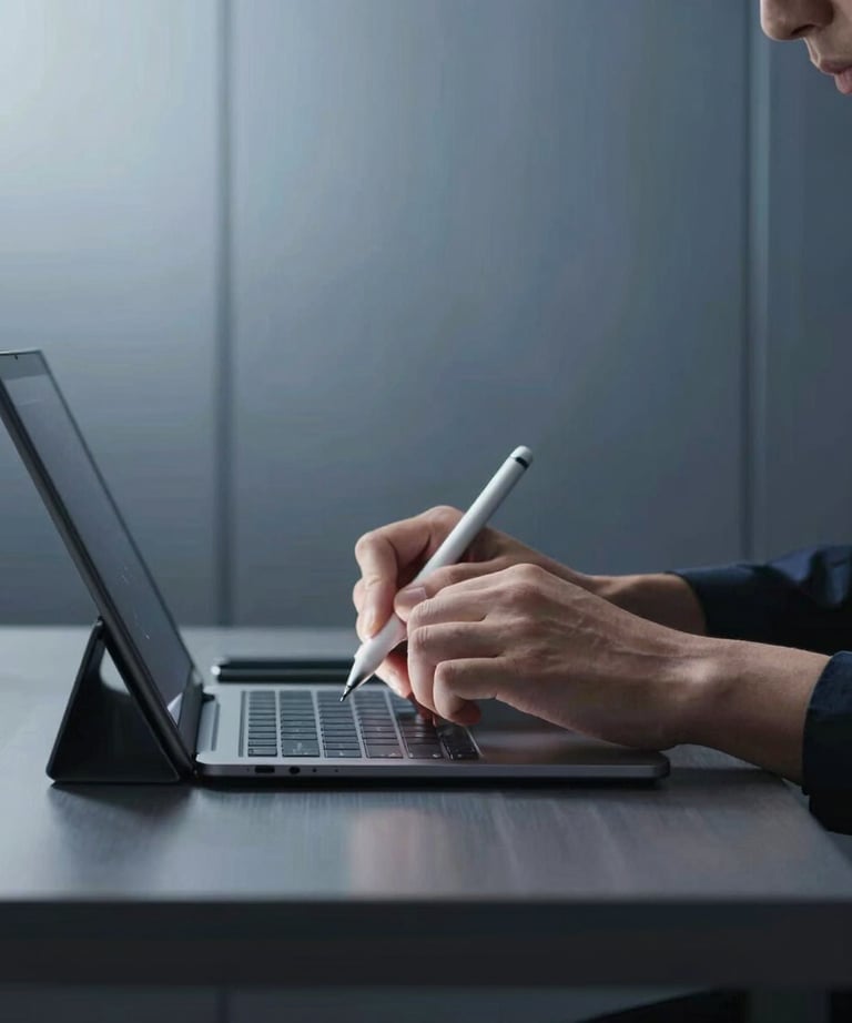 Side profile of a designer working on a tablet with a stylus. High contrast lighting, focused on the precise movement. Minimalist office background with steel blue tones.