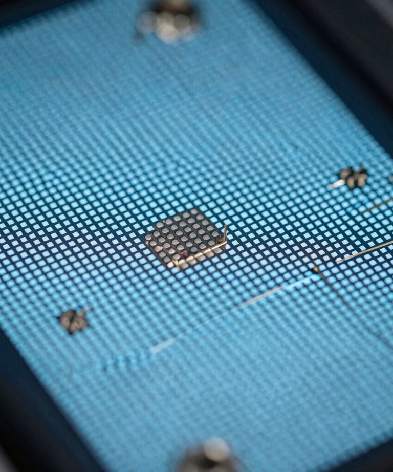 Macro shot of a high-resolution display showing pixels and soft light blue light. Symbolic of detail and engineering precision.