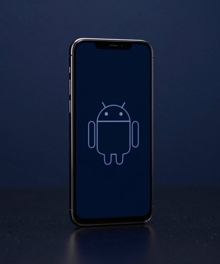 A professional photo of an Android phone in a dark, navy blue studio setting. The screen glow reflects off a polished surface. Minimalist and high-tech.