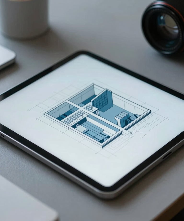 Focus on a professional tablet displaying a clean architectural diagram. Muted blue and pale blue colors. Soft, even lighting in a modern workspace.