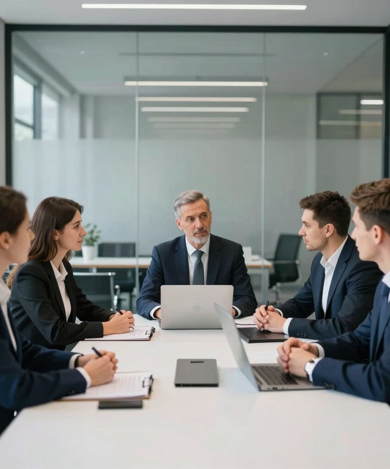 A professional team meeting in a modern glass-walled office in Kyiv. Soft natural light, high-tech atmosphere, navy blue and white color scheme. Reliable and forward-thinking mood.