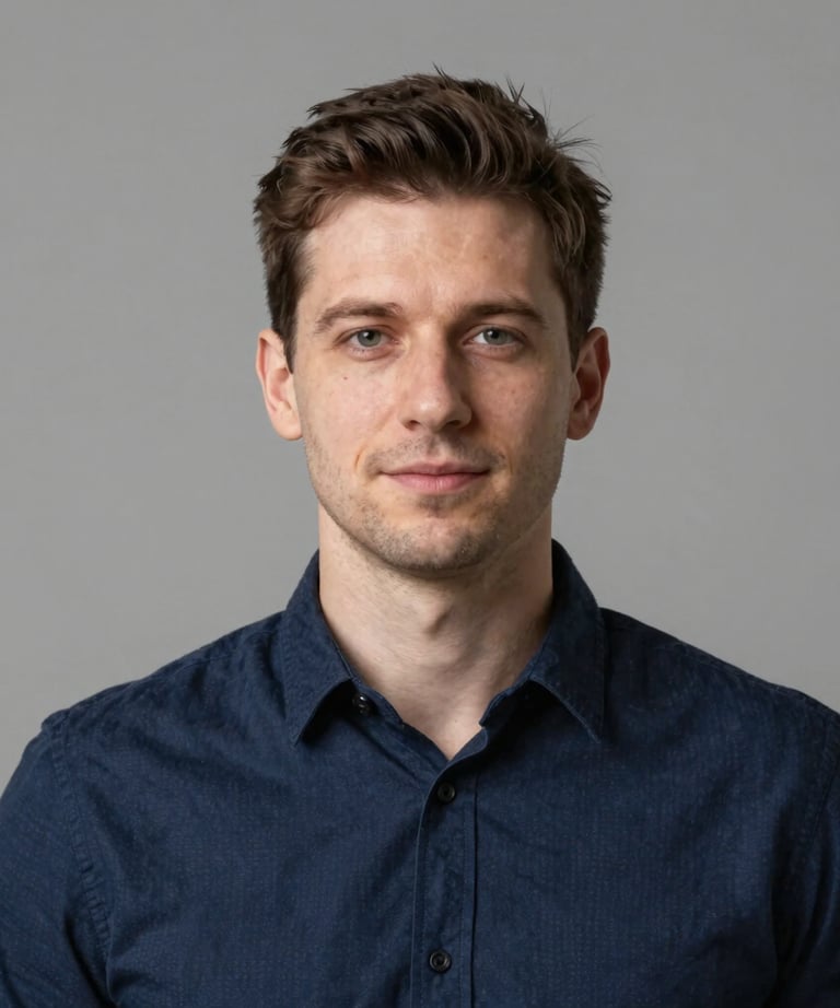 Clean, professional headshot of a developer in a modern studio. Neutral lighting, wearing a navy blue shirt. Eastern European / Ukrainian setting. Professional and reliable mood.