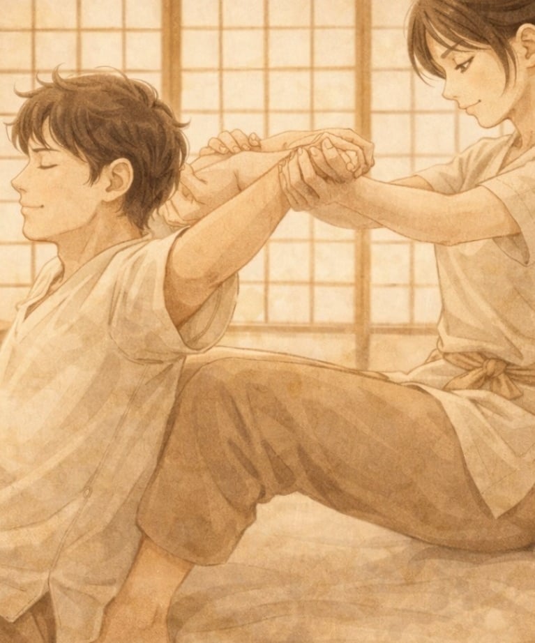 Masaje tradicional tailandés en spa oriental con estiramientos y ambiente de calma.