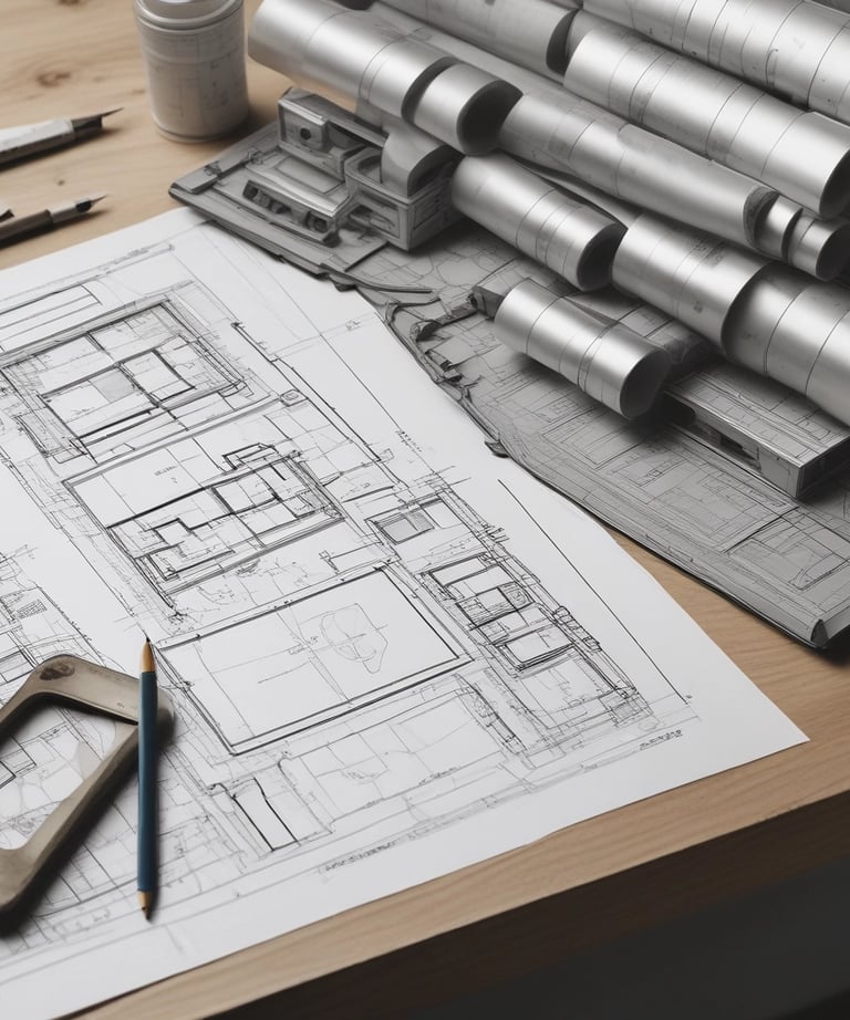 Close-up of construction tools and blueprints on a workbench.