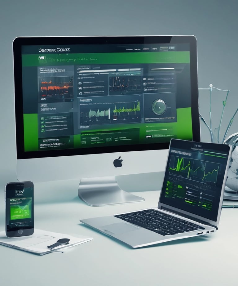 Close-up of hands typing on a keyboard with digital charts on the screen.