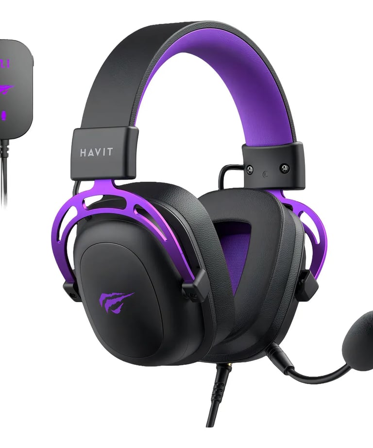 Black and purple Havit gaming headset with boom microphone and 7.1 surround sound controller.