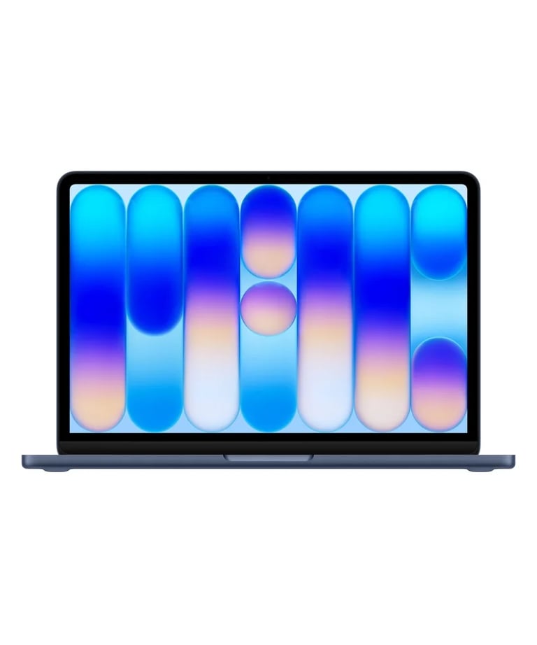 A blue Apple MacBook Air laptop featuring a vibrant abstract wallpaper on a Liquid Retina display.