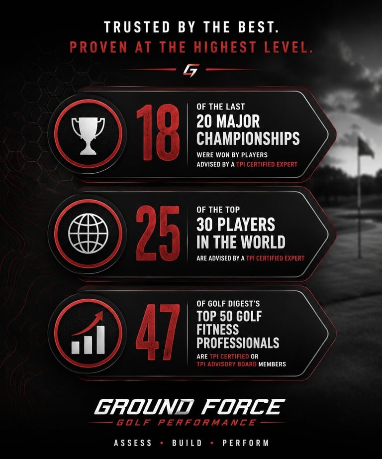 Infographic showing Ground Force Golf Performance stats for TPI certified experts and pro golf championships.