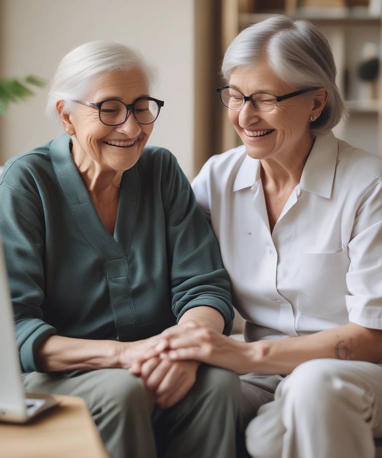 Smiling caregiver helping a client with mobility exercises in a bright living room.