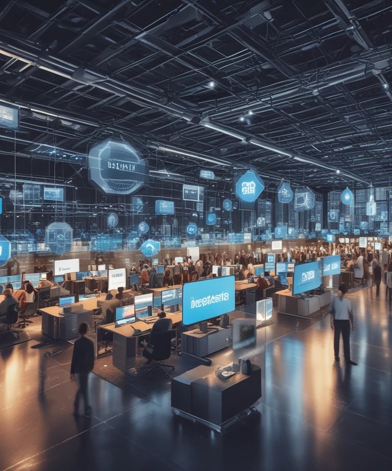 Close-up of hands typing code on a laptop with AI interface graphics overlay.