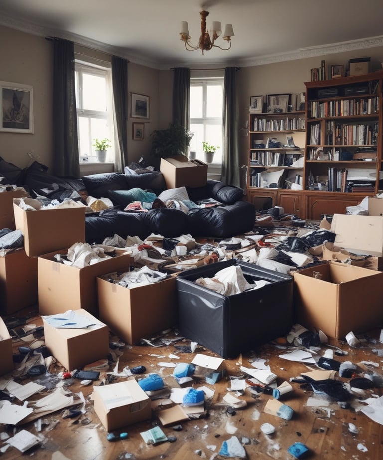 Boxes neatly packed and labeled for ethical rehoming or disposal in a cozy home setting.